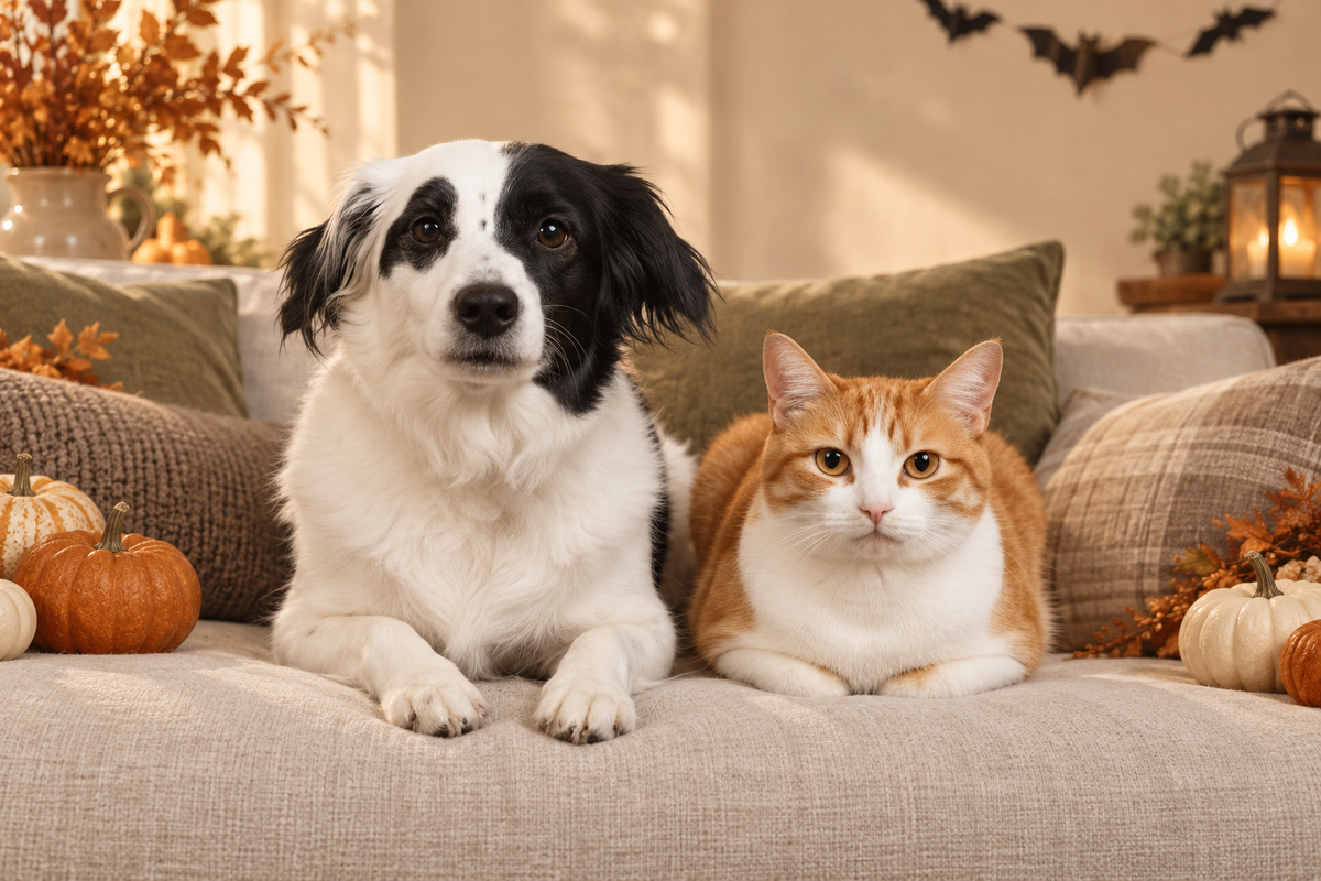 Gary and Tucker relaxing in a cozy Halloween room