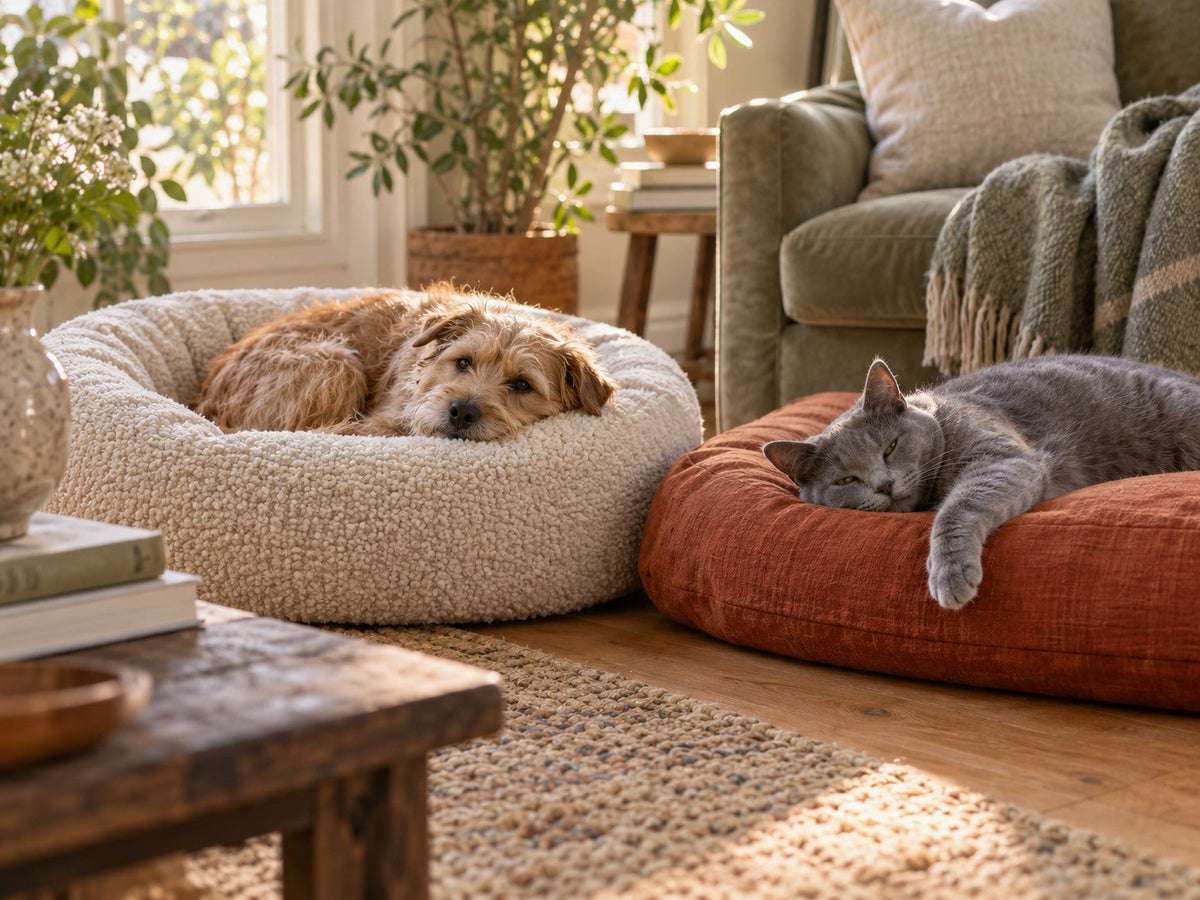 Caramel terrier in a cream bolster bed beside a gray cat resting on a rust cushion in a sunlit room.