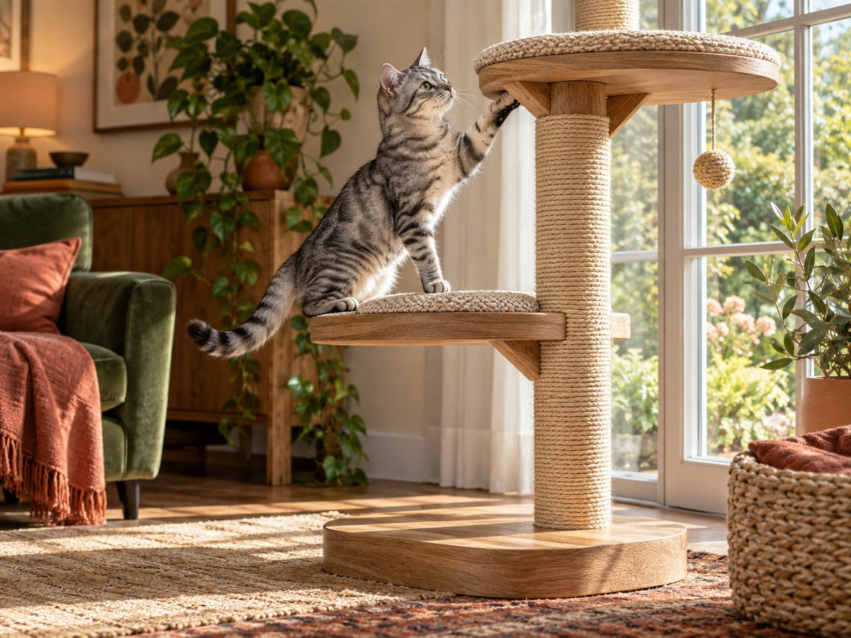 Curious silver tabby climbing an oak and sisal cat tree beside a sunny window.