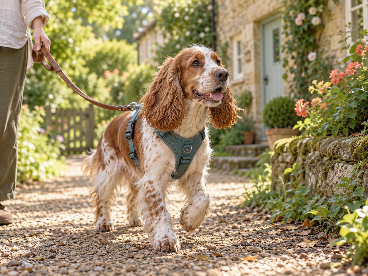 Red-and-white spaniel wearing a teal harness on a sunlit garden walk.