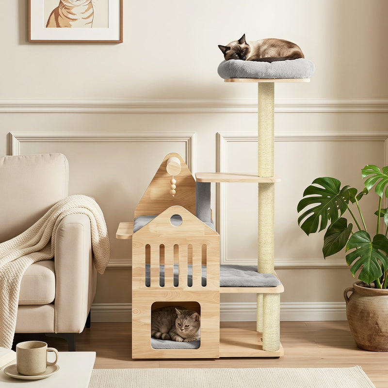 Multi-Level Solid Wood Cat Tree 48.5" with Condo & Scratchers
