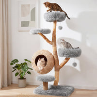 5-Tier Wooden Cat Tree with Woven Condo Plush Perches Jute Posts & Balls