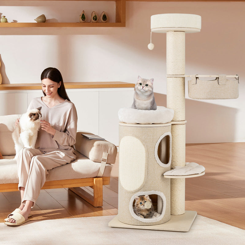 61 Inches Cat Tree for Indoor Cats with 2-story Condo and Top Perch-Natural