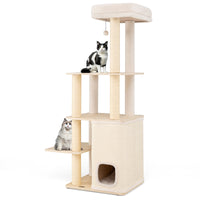 63 Inch Tall Wooden Cat Tree with 2-Story Condo and Plush Padded Top Perch-Natural
