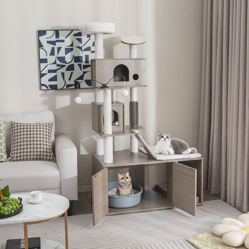Cat Tree with Litter Box Enclosure for Indoor Cats-Gray