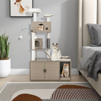 Cat Tree with Litter Box Enclosure for Indoor Cats-Gray
