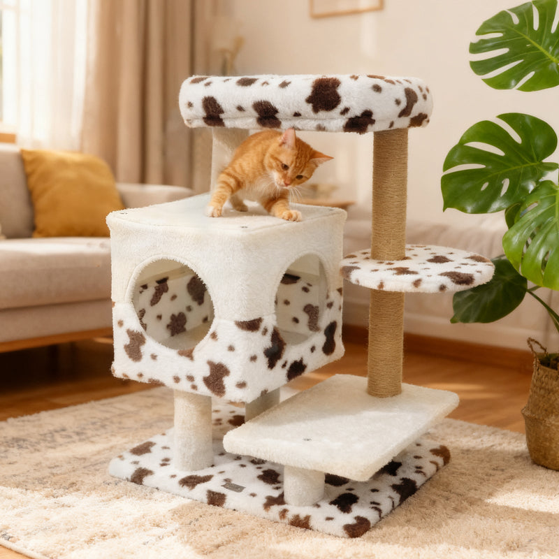 Modern Cat Tree Indoor Cat Tower with Wide Upholstered Perch and 2-Entrance Cat Condo-White
