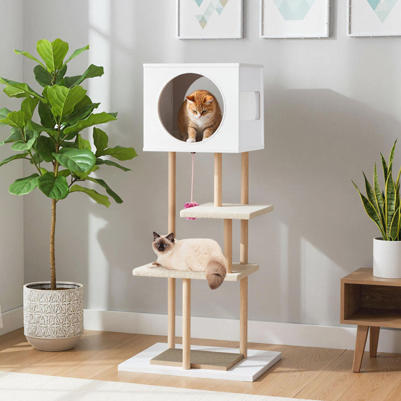 Tall Wood Cat Tower with 2 Corrugated Cardboard-White
