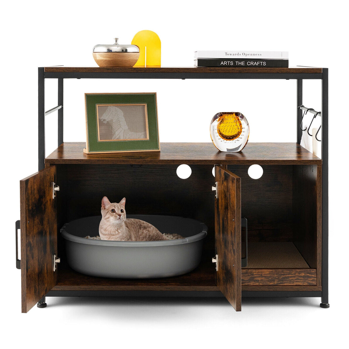 Wooden Cat Box Cabinet with Metal Frame and Scratching Pad-Rustic Brown