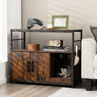 Wooden Cat Box Cabinet with Metal Frame and Scratching Pad-Rustic Brown