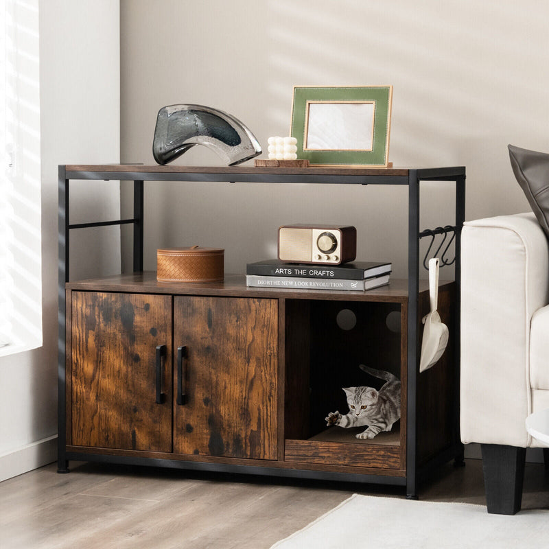 Wooden Cat Box Cabinet with Metal Frame and Scratching Pad-Rustic Brown