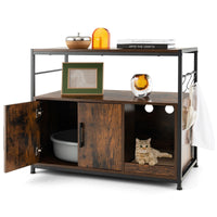 Wooden Cat Box Cabinet with Metal Frame and Scratching Pad-Rustic Brown