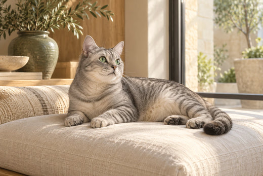 Tabby cat relaxing by a sunny window