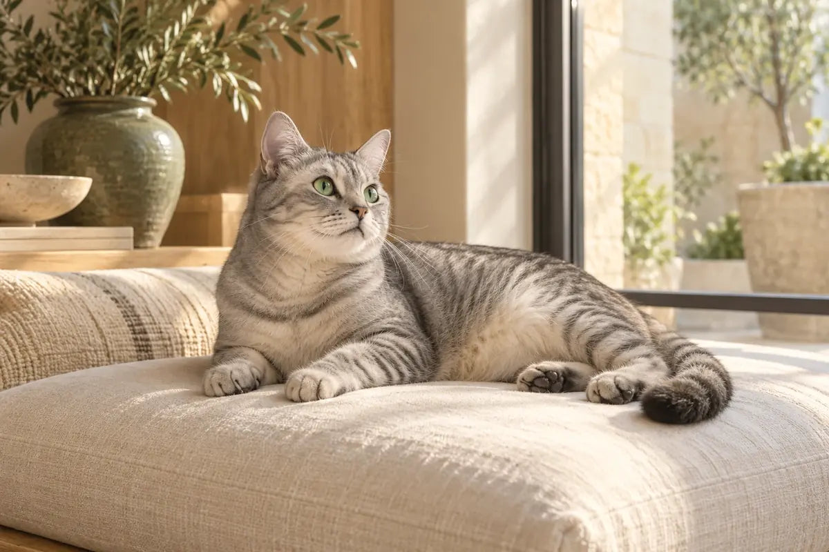 Tabby cat relaxing by a sunny window