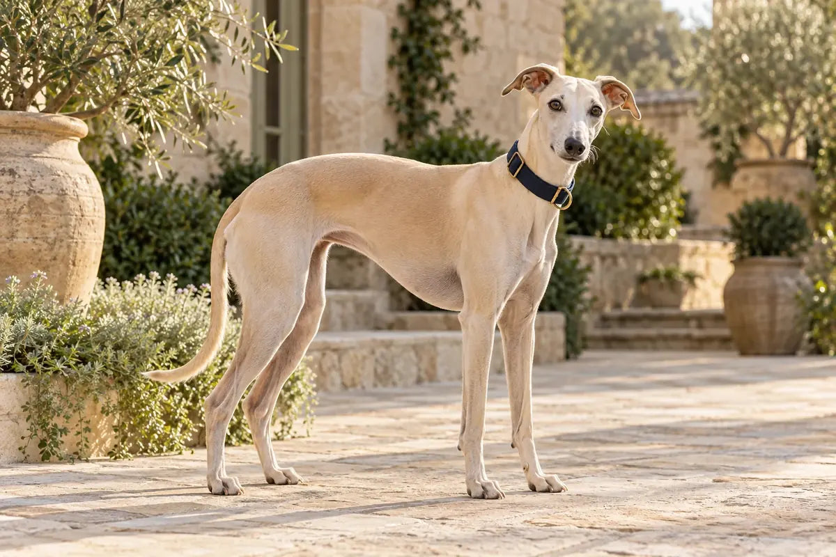 Whippet enjoying a sunlit courtyard